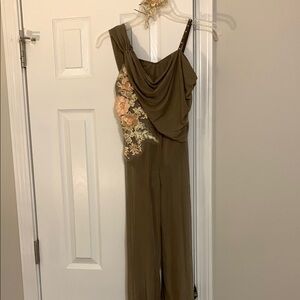 Tan and Green Dance Costume with Flowy Design and headpiece